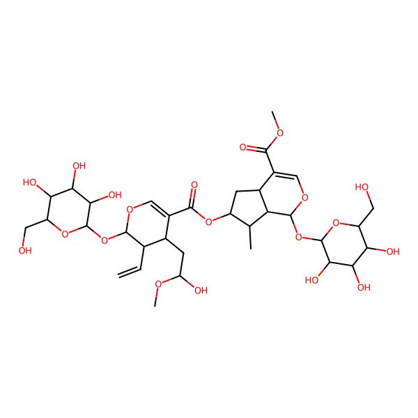 2D Structure of methyl (1S,4aS,6S,7R,7aS)-6-[(2S,3R,4S)-3-ethenyl-4-[(2S)-2-hydroxy-2-methoxyethyl]-2-[(2S,3R,4S,5S,6R)-3,4,5-trihydroxy-6-(hydroxymethyl)oxan-2-yl]oxy-3,4-dihydro-2H-pyran-5-carbonyl]oxy-7-methyl-1-[(2S,3R,4S,5S,6R)-3,4,5-trihydroxy-6-(hydroxymethyl)oxan-2-yl]oxy-1,4a,5,6,7,7a-hexahydrocyclopenta[c]pyran-4-carboxylate