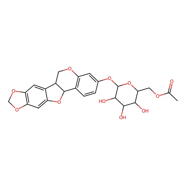 2D Structure of [3,4,5-Trihydroxy-6-(5,7,11,19-tetraoxapentacyclo[10.8.0.02,10.04,8.013,18]icosa-2,4(8),9,13(18),14,16-hexaen-16-yloxy)oxan-2-yl]methyl acetate