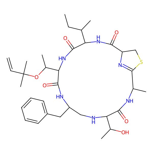 2D Structure of (1S,4S,7S,10S,13S,16S)-10-benzyl-4-butan-2-yl-13-(1-hydroxyethyl)-16-methyl-7-[1-(2-methylbut-3-en-2-yloxy)ethyl]-18-thia-3,6,9,12,15,20-hexazabicyclo[15.2.1]icos-17(20)-ene-2,5,8,14-tetrone