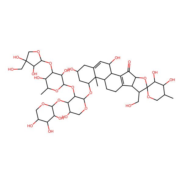 2D Structure of (1R,3'S,4R,4'R,5'S,6S,7R,8R,12S,13R,14R,16R,20S)-14-[(2S,3R,4S,5S)-3-[(2S,3R,4R,5S,6S)-4-[(2S,3R,4R)-3,4-dihydroxy-4-(hydroxymethyl)oxolan-2-yl]oxy-3,5-dihydroxy-6-methyloxan-2-yl]oxy-5-hydroxy-4-[(2S,3R,4S,5R)-3,4,5-trihydroxyoxan-2-yl]oxyoxan-2-yl]oxy-3',4',16,20-tetrahydroxy-7-(hydroxymethyl)-5',13-dimethylspiro[5-oxapentacyclo[10.8.0.02,9.04,8.013,18]icosa-2(9),18-diene-6,2'-oxane]-3-one