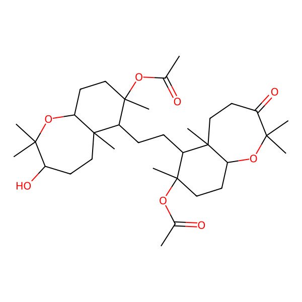 2D Structure of [6-[2-(7-acetyloxy-2,2,5a,7-tetramethyl-3-oxo-4,5,6,8,9,9a-hexahydrobenzo[b]oxepin-6-yl)ethyl]-3-hydroxy-2,2,5a,7-tetramethyl-4,5,6,8,9,9a-hexahydro-3H-benzo[b]oxepin-7-yl] acetate