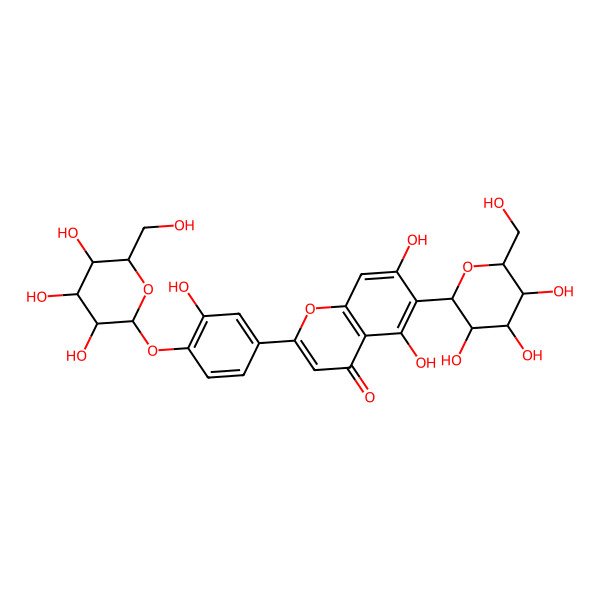 2D Structure of 5,7-dihydroxy-2-[3-hydroxy-4-[(2S,3R,4R,5S,6R)-3,4,5-trihydroxy-6-(hydroxymethyl)oxan-2-yl]oxyphenyl]-6-[(2S,3R,4R,5S,6R)-3,4,5-trihydroxy-6-(hydroxymethyl)oxan-2-yl]chromen-4-one