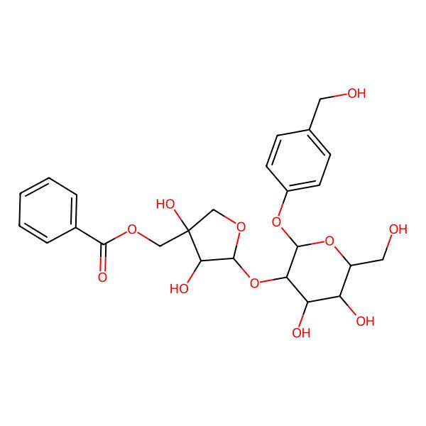 2D Structure of [5-[4,5-Dihydroxy-6-(hydroxymethyl)-2-[4-(hydroxymethyl)phenoxy]oxan-3-yl]oxy-3,4-dihydroxyoxolan-3-yl]methyl benzoate