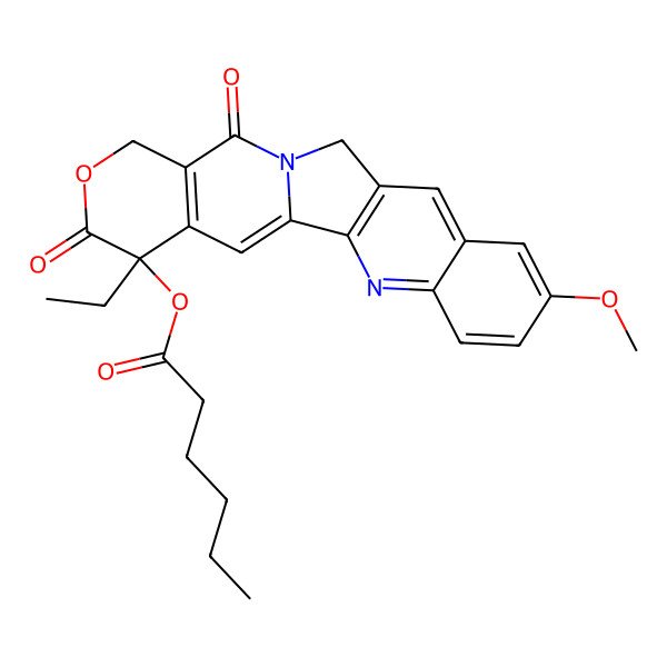 2D Structure of [(19S)-19-ethyl-7-methoxy-14,18-dioxo-17-oxa-3,13-diazapentacyclo[11.8.0.02,11.04,9.015,20]henicosa-1(21),2(11),3,5,7,9,15(20)-heptaen-19-yl] hexanoate