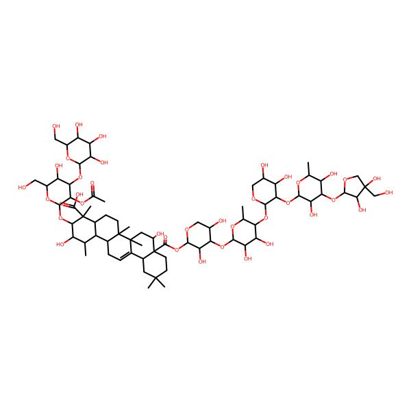 2D Structure of (1S,2S,3R,4S,6aR,6bS,8R,8aR)-3-[(3R,4S,5R,6R)-3-acetyloxy-5-hydroxy-6-(hydroxymethyl)-4-[(2S,3R,4S,5S,6R)-3,4,5-trihydroxy-6-(hydroxymethyl)oxan-2-yl]oxyoxan-2-yl]oxy-8a-[(2R,3R,4S,5R)-4-[(2S,3R,4S,5R,6S)-5-[(2S,3R,4S,5R)-3-[(2R,3S,4R,5R,6R)-4-[(2S,3R,4R)-3,4-dihydroxy-4-(hydroxymethyl)oxolan-2-yl]oxy-3,5-dihydroxy-6-methyloxan-2-yl]oxy-4,5-dihydroxyoxan-2-yl]oxy-3,4-dihydroxy-6-methyloxan-2-yl]oxy-3,5-dihydroxyoxan-2-yl]oxycarbonyl-2,8-dihydroxy-1,4,6a,6b,11,11-hexamethyl-2,3,4a,5,6,7,8,9,10,12,12a,14,14a,14b-tetradecahydro-1H-picene-4-carboxylic acid