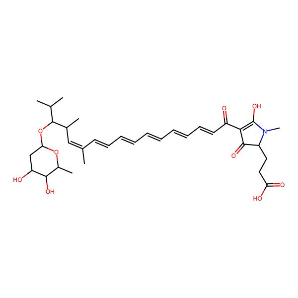 2D Structure of 3-[4-[(2E,4E,6E,8E,10E,12E)-15-[(2S,4S,5S,6R)-4,5-dihydroxy-6-methyloxan-2-yl]oxy-12,14,16-trimethylheptadeca-2,4,6,8,10,12-hexaenoyl]-5-hydroxy-1-methyl-3-oxo-2H-pyrrol-2-yl]propanoic acid