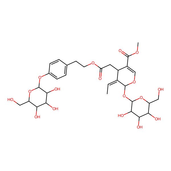 2D Structure of methyl 5-ethylidene-4-[2-oxo-2-[2-[4-[3,4,5-trihydroxy-6-(hydroxymethyl)oxan-2-yl]oxyphenyl]ethoxy]ethyl]-6-[3,4,5-trihydroxy-6-(hydroxymethyl)oxan-2-yl]oxy-4H-pyran-3-carboxylate
