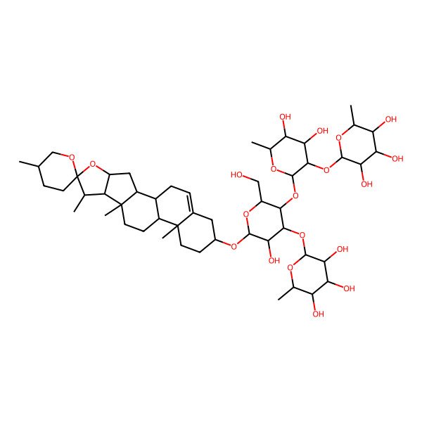2D Structure of (2R,3S,4R,5R,6S)-2-[(2R,3R,4R,5R,6R)-4,5-dihydroxy-2-[(2S,3R,4S,5S,6S)-5-hydroxy-2-(hydroxymethyl)-6-[(1S,2R,4R,5'S,6S,7R,8S,9S,12S,13R,16R)-5',7,9,13-tetramethylspiro[5-oxapentacyclo[10.8.0.02,9.04,8.013,18]icos-18-ene-6,2'-oxane]-16-yl]oxy-4-[(2R,3R,4R,5S,6S)-3,4,5-trihydroxy-6-methyloxan-2-yl]oxyoxan-3-yl]oxy-6-methyloxan-3-yl]oxy-6-methyloxane-3,4,5-triol