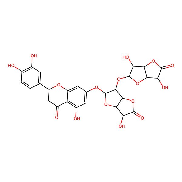 2D Structure of (2S)-7-[[(2S,3R,3aS,6R,6aR)-3-[[(2S,3R,3aR,6R,6aR)-3,6-dihydroxy-5-oxo-3,3a,6,6a-tetrahydro-2H-furo[3,2-b]furan-2-yl]oxy]-6-hydroxy-5-oxo-3,3a,6,6a-tetrahydro-2H-furo[3,2-b]furan-2-yl]oxy]-2-(3,4-dihydroxyphenyl)-5-hydroxy-2,3-dihydrochromen-4-one