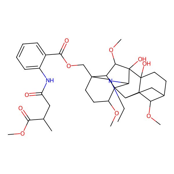 2D Structure of (11-Ethyl-8,9-dihydroxy-4,16,18-trimethoxy-11-azahexacyclo[7.7.2.12,5.01,10.03,8.013,17]nonadecan-13-yl)methyl 2-[(4-methoxy-3-methyl-4-oxobutanoyl)amino]benzoate