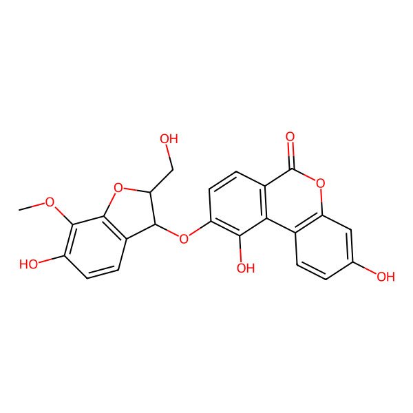 2D Structure of 3,10-Dihydroxy-9-[[6-hydroxy-2-(hydroxymethyl)-7-methoxy-2,3-dihydro-1-benzofuran-3-yl]oxy]benzo[c]chromen-6-one