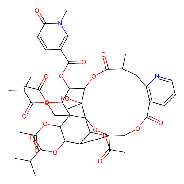 2D Structure of [(1S,3R,14R,17S,18R,19R,20R,21S,22R,23R,24R,25S)-19,21,24-triacetyloxy-25-hydroxy-3,14,25-trimethyl-22-(2-methylpropanoyloxy)-20-(2-methylpropanoyloxymethyl)-6,15-dioxo-2,5,16-trioxa-11-azapentacyclo[15.7.1.01,20.03,23.07,12]pentacosa-7(12),8,10-trien-18-yl] 1-methyl-6-oxopyridine-3-carboxylate