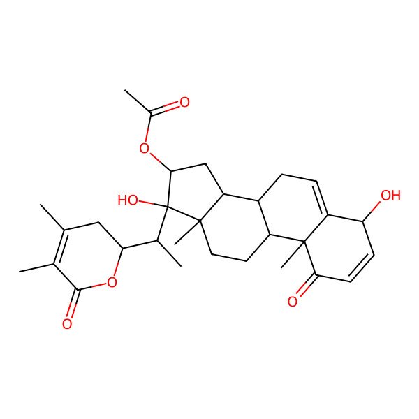 2D Structure of [17-[1-(4,5-dimethyl-6-oxo-2,3-dihydropyran-2-yl)ethyl]-4,17-dihydroxy-10,13-dimethyl-1-oxo-7,8,9,11,12,14,15,16-octahydro-4H-cyclopenta[a]phenanthren-16-yl] acetate