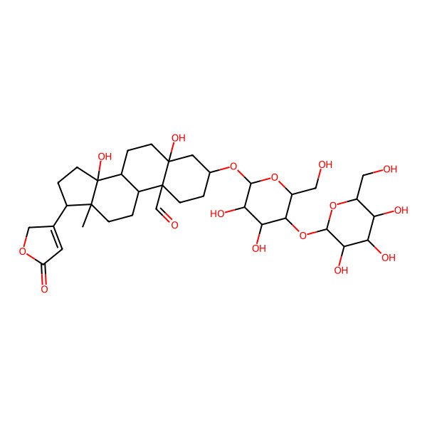 2D Structure of 3-[3,4-dihydroxy-6-(hydroxymethyl)-5-[3,4,5-trihydroxy-6-(hydroxymethyl)oxan-2-yl]oxyoxan-2-yl]oxy-5,14-dihydroxy-13-methyl-17-(5-oxo-2H-furan-3-yl)-2,3,4,6,7,8,9,11,12,15,16,17-dodecahydro-1H-cyclopenta[a]phenanthrene-10-carbaldehyde