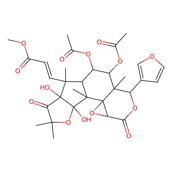 2D Structure of Methyl 3-[9,10-diacetyloxy-7-(furan-3-yl)-13,17-dihydroxy-1,8,12,15,15-pentamethyl-5,14-dioxo-3,6,16-trioxapentacyclo[9.6.0.02,4.02,8.013,17]heptadecan-12-yl]prop-2-enoate