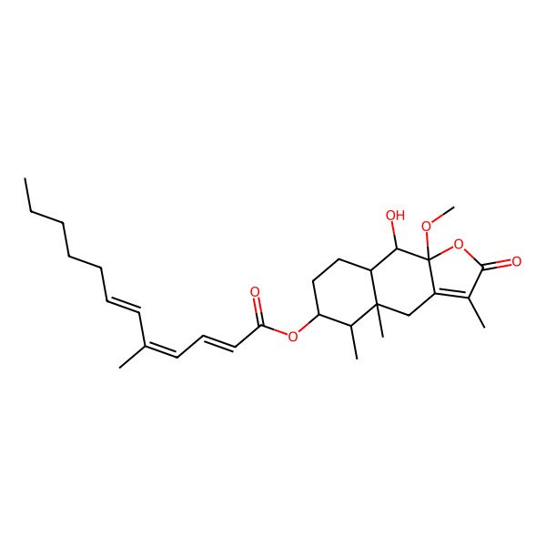 2D Structure of (9-hydroxy-9a-methoxy-3,4a,5-trimethyl-2-oxo-5,6,7,8,8a,9-hexahydro-4H-benzo[f][1]benzofuran-6-yl) 5-methyldodeca-2,4,6-trienoate