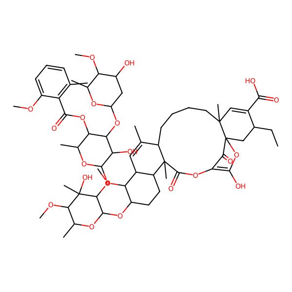 2D Structure of 3-ethyl-24-hydroxy-16-(4-hydroxy-3,5-dimethoxy-4,6-dimethyloxan-2-yl)oxy-15-[3-hydroxy-4-(4-hydroxy-5-methoxy-6-methyloxan-2-yl)oxy-5-(2-methoxy-6-methylbenzoyl)oxy-6-methyloxan-2-yl]oxy-6,12,20-trimethyl-21,26-dioxo-22,25-dioxapentacyclo[21.2.1.01,6.011,20.014,19]hexacosa-4,12,23-triene-4-carboxylic acid