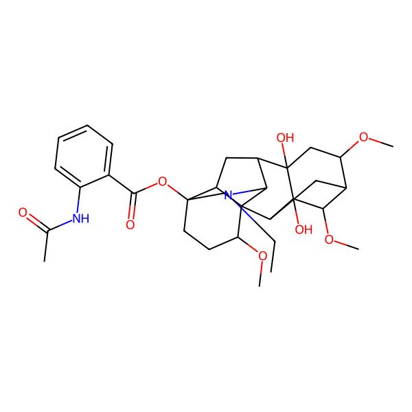 2D Structure of [(1S,2S,3S,4S,5S,6S,8S,9S,10S,13R,16S,17S)-11-ethyl-3,8-dihydroxy-4,6,16-trimethoxy-11-azahexacyclo[7.7.2.12,5.01,10.03,8.013,17]nonadecan-13-yl] 2-acetamidobenzoate