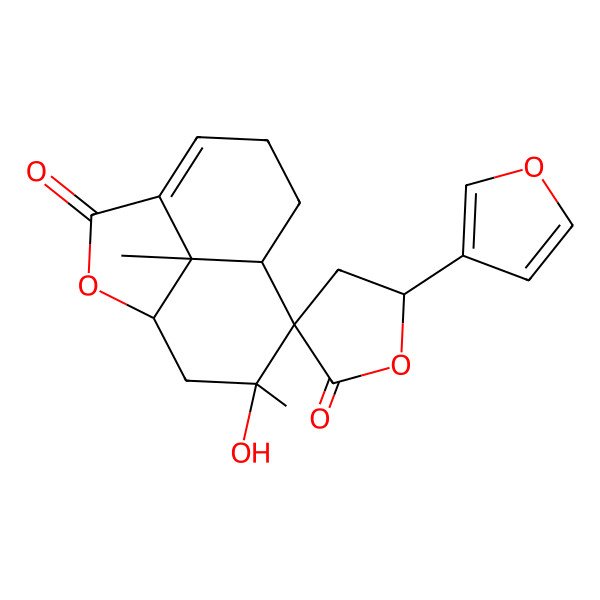 2D Structure of (1S,5'S,8S,9S,10S,12S)-5'-(furan-3-yl)-10-hydroxy-10,12-dimethylspiro[2-oxatricyclo[6.3.1.04,12]dodec-4-ene-9,3'-oxolane]-2',3-dione