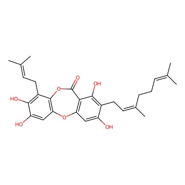 2D Structure of 8-[(2E)-3,7-dimethylocta-2,6-dienyl]-2,3,7,9-tetrahydroxy-4-(3-methylbut-2-enyl)benzo[b][1,4]benzodioxepin-6-one