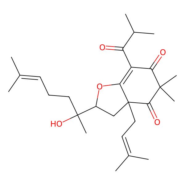 2D Structure of 2-(2-Hydroxy-6-methylhept-5-en-2-yl)-5,5-dimethyl-3a-(3-methylbut-2-enyl)-7-(2-methylpropanoyl)-2,3-dihydro-1-benzofuran-4,6-dione