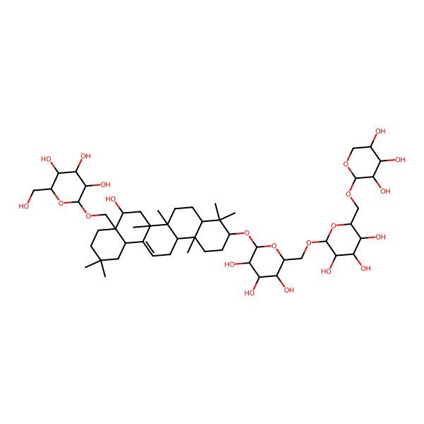 2D Structure of (2R,3R,4S,5S,6R)-2-[[(4aS,5S,6aR,6aS,6bR,8aR,10S,12aR,14bS)-5-hydroxy-2,2,6a,6b,9,9,12a-heptamethyl-10-[(2R,3R,4S,5S,6R)-3,4,5-trihydroxy-6-[[(2R,3R,4S,5S,6R)-3,4,5-trihydroxy-6-[[(2S,3R,4S,5R)-3,4,5-trihydroxyoxan-2-yl]oxymethyl]oxan-2-yl]oxymethyl]oxan-2-yl]oxy-1,3,4,5,6,6a,7,8,8a,10,11,12,13,14b-tetradecahydropicen-4a-yl]methoxy]-6-(hydroxymethyl)oxane-3,4,5-triol