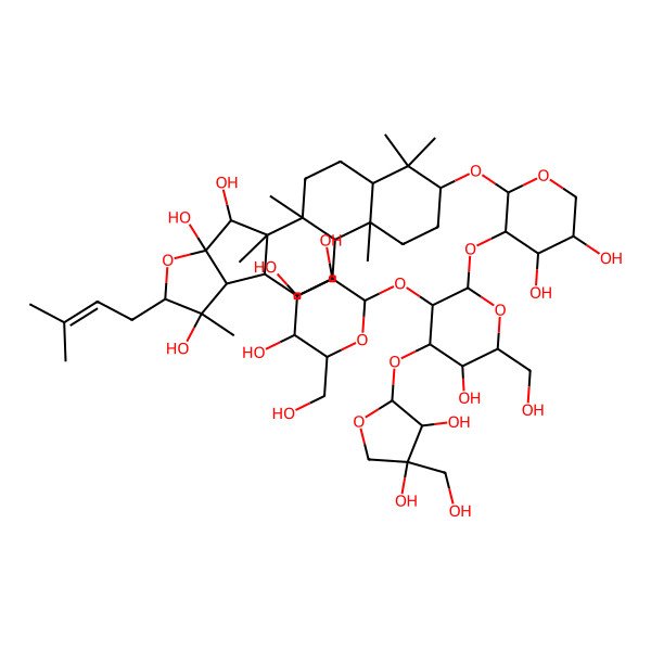 2D Structure of (1R,2R,3R,4R,6R,7R,8S,9R,12R,13R,16S,18R)-16-[(2S,3R,4S,5S)-3-[(2S,3R,4S,5R,6R)-4-[(2S,3R,4R)-3,4-dihydroxy-4-(hydroxymethyl)oxolan-2-yl]oxy-5-hydroxy-6-(hydroxymethyl)-3-[(2S,3R,4S,5S,6R)-3,4,5-trihydroxy-6-(hydroxymethyl)oxan-2-yl]oxyoxan-2-yl]oxy-4,5-dihydroxyoxan-2-yl]oxy-1,2,7,13,17,17-hexamethyl-6-(3-methylbut-2-enyl)-5-oxapentacyclo[10.8.0.02,9.04,8.013,18]icosane-3,4,7-triol