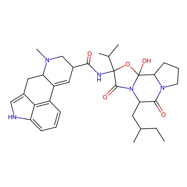 2D Structure of (6aR,9R)-N-[(1S,2S,4R,7S)-2-hydroxy-7-[(2S)-2-methylbutyl]-5,8-dioxo-4-propan-2-yl-3-oxa-6,9-diazatricyclo[7.3.0.02,6]dodecan-4-yl]-7-methyl-6,6a,8,9-tetrahydro-4H-indolo[4,3-fg]quinoline-9-carboxamide