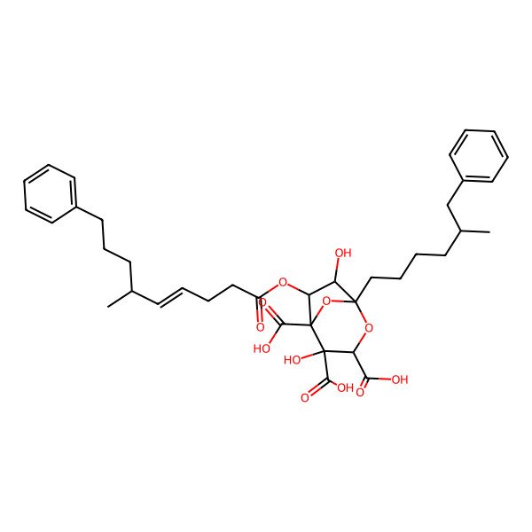 2D Structure of (6R,7R)-1-(5-benzylhexyl)-4,7-dihydroxy-6-{[(4E)-6-methyl-9-phenylnon-4-enoyl]oxy}-2,8-dioxabicyclo[3.2.1]octane-3,4,5-tricarboxylic acid