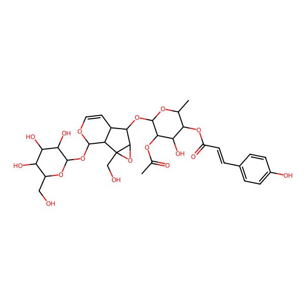 2D Structure of [(2S,3R,4R,5R,6S)-5-acetyloxy-4-hydroxy-6-[[(1S,2S,4S,5S,6S,10S)-2-(hydroxymethyl)-10-[(2S,3R,4S,5S,6R)-3,4,5-trihydroxy-6-(hydroxymethyl)oxan-2-yl]oxy-3,9-dioxatricyclo[4.4.0.02,4]dec-7-en-5-yl]oxy]-2-methyloxan-3-yl] (E)-3-(4-hydroxyphenyl)prop-2-enoate