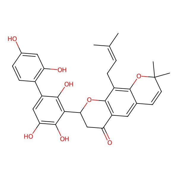 2D Structure of 8-[3-(2,4-Dihydroxyphenyl)-2,5,6-trihydroxyphenyl]-2,2-dimethyl-10-(3-methylbut-2-enyl)-7,8-dihydropyrano[3,2-g]chromen-6-one