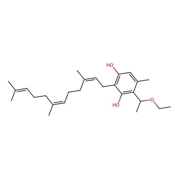 2D Structure of 4-(1-ethoxyethyl)-5-methyl-2-[(2E,6E)-3,7,11-trime thyldodec-2,6,10-trienyl]benzene-1,3-diol4-(1-ethoxyethyl)-5-methyl-2-[(2E,6E)-3,7,11-trime thyldodec-2,6,10-trienyl]benzene-1,3-diol