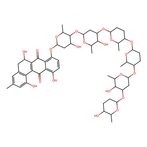 2D Structure of (6R)-1,6,11-trihydroxy-8-[(2R,4S,5R,6S)-4-hydroxy-5-[(2R,4S,5R,6S)-5-hydroxy-4-[(2R,5S,6R)-5-[(2S,5R,6S)-5-[(2S,4S,5S,6S)-5-hydroxy-4-[(2S,5S,6R)-5-hydroxy-6-methyloxan-2-yl]oxy-6-methyloxan-2-yl]oxy-6-methyloxan-2-yl]oxy-6-methyloxan-2-yl]oxy-6-methyloxan-2-yl]oxy-6-methyloxan-2-yl]oxy-3-methyl-5,6-dihydrobenzo[a]anthracene-7,12-dione