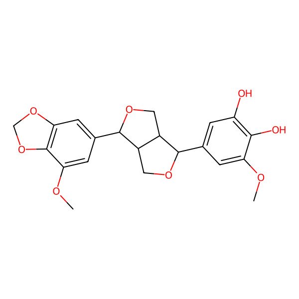 2D Structure of 5-[(3R,3aS,6R,6aS)-6-(7-methoxy-1,3-benzodioxol-5-yl)-1,3,3a,4,6,6a-hexahydrofuro[3,4-c]furan-3-yl]-3-methoxybenzene-1,2-diol