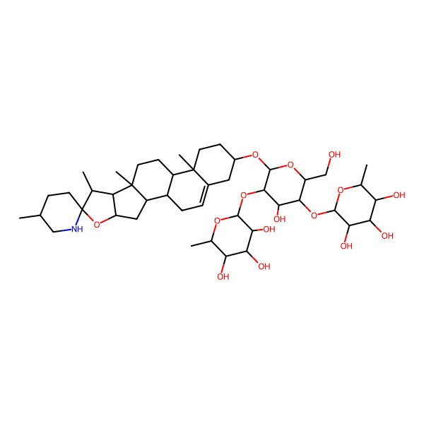 2D Structure of (2S,3R,4R,5R,6S)-2-[(2R,3S,4S,5R,6R)-4-hydroxy-2-(hydroxymethyl)-6-[(9S,13R,16S)-5',7,9,13-tetramethylspiro[5-oxapentacyclo[10.8.0.02,9.04,8.013,18]icos-18-ene-6,2'-piperidine]-16-yl]oxy-5-[(2S,3R,4R,5R,6S)-3,4,5-trihydroxy-6-methyloxan-2-yl]oxyoxan-3-yl]oxy-6-methyloxane-3,4,5-triol
