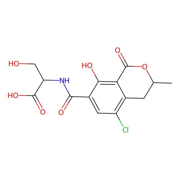2D Structure of (2S)-2-[(5-chloro-8-hydroxy-3-methyl-1-oxo-3,4-dihydroisochromene-7-carbonyl)amino]-3-hydroxypropanoic acid
