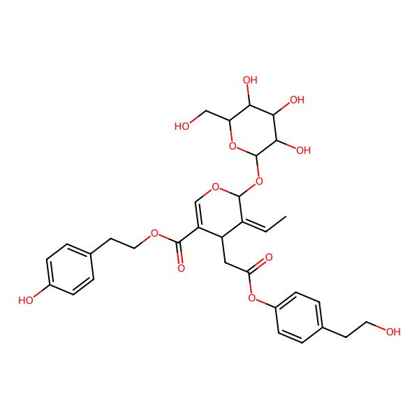 2D Structure of 2-(4-hydroxyphenyl)ethyl (4S,5E,6S)-5-ethylidene-4-[2-[4-(2-hydroxyethyl)phenoxy]-2-oxoethyl]-6-[(2S,3R,4S,5S,6R)-3,4,5-trihydroxy-6-(hydroxymethyl)oxan-2-yl]oxy-4H-pyran-3-carboxylate