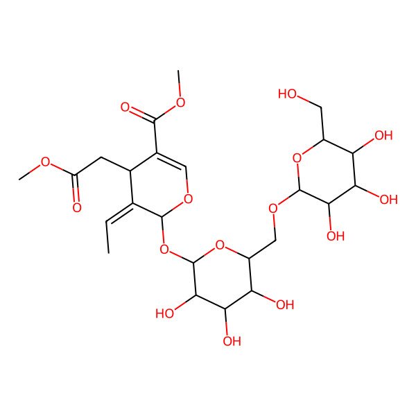 2D Structure of methyl (4S)-5-ethylidene-4-(2-methoxy-2-oxoethyl)-6-[(2S,3R,4S,5S,6R)-3,4,5-trihydroxy-6-[[(2R,3R,4S,5S,6R)-3,4,5-trihydroxy-6-(hydroxymethyl)oxan-2-yl]oxymethyl]oxan-2-yl]oxy-4H-pyran-3-carboxylate