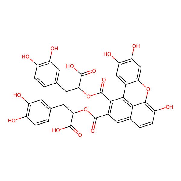 2D Structure of (2R)-2-[16-[(1R)-1-carboxy-2-(3,4-dihydroxyphenyl)ethoxy]carbonyl-4,5,10-trihydroxy-8-oxatetracyclo[7.7.1.02,7.013,17]heptadeca-1(17),2,4,6,9,11,13,15-octaene-15-carbonyl]oxy-3-(3,4-dihydroxyphenyl)propanoic acid