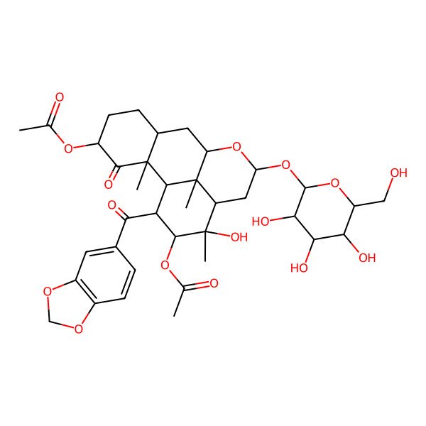 2D Structure of [(1S,2S,4S,7R,9R,11S,13R,14S,15R,16S,17R)-15-acetyloxy-16-(1,3-benzodioxole-5-carbonyl)-14-hydroxy-2,14,17-trimethyl-3-oxo-11-[(2S,3R,4S,5S,6R)-3,4,5-trihydroxy-6-(hydroxymethyl)oxan-2-yl]oxy-10-oxatetracyclo[7.7.1.02,7.013,17]heptadecan-4-yl] acetate