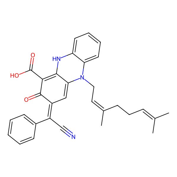 2D Structure of (3Z)-3-[cyano(phenyl)methylidene]-5-[(2E)-3,7-dimethylocta-2,6-dienyl]-2-oxo-10H-phenazine-1-carboxylic acid