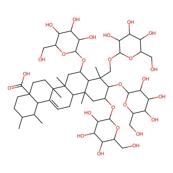 2D Structure of (1S,2R,4aS,6aR,6aS,6bR,8R,8aR,9R,10R,11R,12aR,14bS)-1,2,6a,6b,9,12a-hexamethyl-8,10,11-tris[[(2R,3R,4S,5S,6R)-3,4,5-trihydroxy-6-(hydroxymethyl)oxan-2-yl]oxy]-9-[[(2R,3R,4S,5S,6R)-3,4,5-trihydroxy-6-(hydroxymethyl)oxan-2-yl]oxymethyl]-2,3,4,5,6,6a,7,8,8a,10,11,12,13,14b-tetradecahydro-1H-picene-4a-carboxylic acid