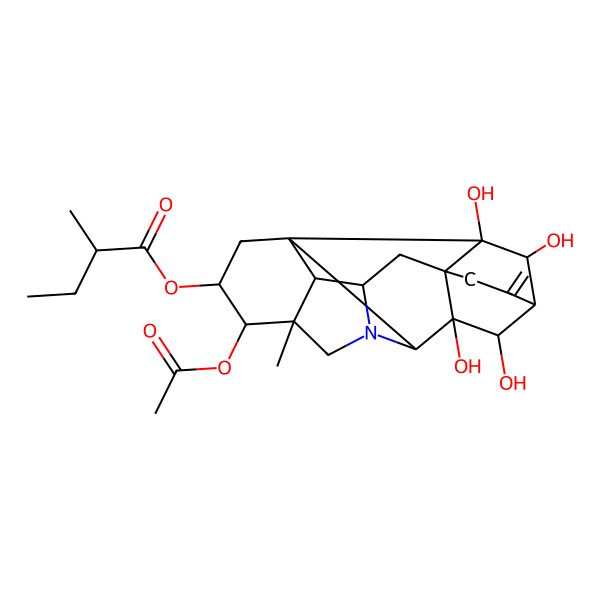 2D Structure of [(1R,3R,4S,5S,8S,9R,10R,11R,14R,16S,17R,18R,19R)-4-acetyloxy-9,10,18,19-tetrahydroxy-5-methyl-12-methylidene-7-azaheptacyclo[9.6.2.01,8.05,17.07,16.09,14.014,18]nonadecan-3-yl] (2R)-2-methylbutanoate