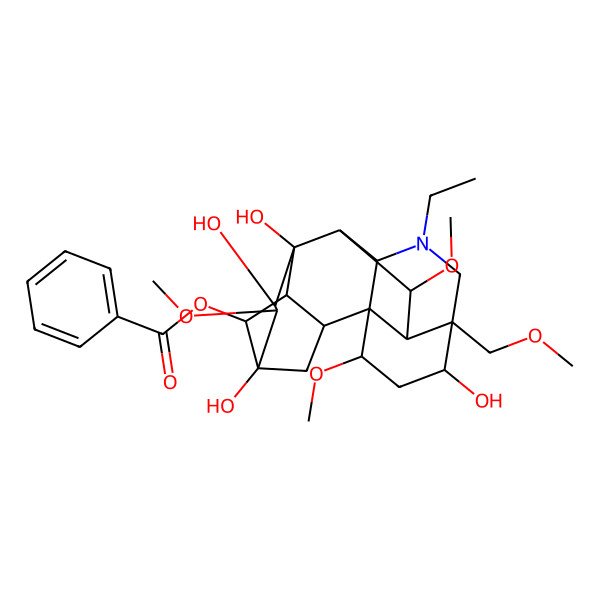 2D Structure of [(1S,2S,3R,4S,5R,6R,7S,8R,9R,10R,13R,14R,16S,17R,18R)-11-ethyl-5,7,8,14-tetrahydroxy-6,16,18-trimethoxy-13-(methoxymethyl)-11-azahexacyclo[7.7.2.12,5.01,10.03,8.013,17]nonadecan-4-yl] benzoate