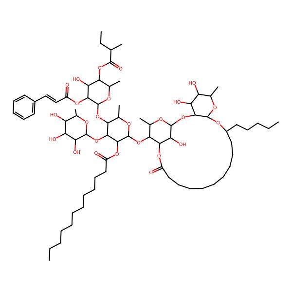 2D Structure of [5-[4-Hydroxy-6-methyl-5-(2-methylbutanoyloxy)-3-(3-phenylprop-2-enoyloxy)oxan-2-yl]oxy-6-methyl-2-[(4,5,26-trihydroxy-6,24-dimethyl-20-oxo-10-pentyl-2,7,9,21,25-pentaoxatricyclo[20.3.1.03,8]hexacosan-23-yl)oxy]-4-(3,4,5-trihydroxy-6-methyloxan-2-yl)oxyoxan-3-yl] dodecanoate