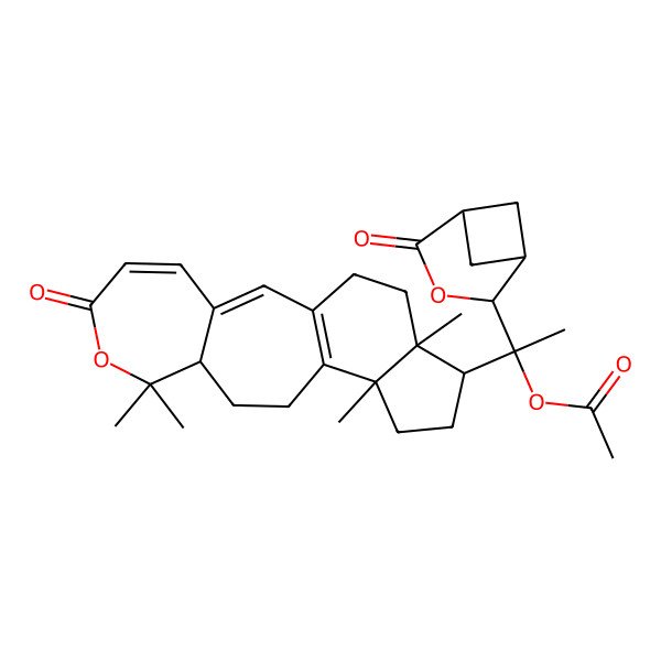 2D Structure of [1-(4-Oxo-3-oxabicyclo[3.1.1]heptan-2-yl)-1-(8,8,13,17-tetramethyl-6-oxo-7-oxatetracyclo[10.7.0.03,9.013,17]nonadeca-1(12),2,4-trien-16-yl)ethyl] acetate