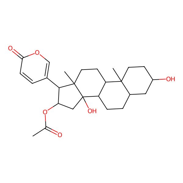 2D Structure of [(3S,5R,8R,9S,10S,13R,14S,16R,17R)-3,14-dihydroxy-10,13-dimethyl-17-(6-oxopyran-3-yl)-1,2,3,4,5,6,7,8,9,11,12,15,16,17-tetradecahydrocyclopenta[a]phenanthren-16-yl] acetate