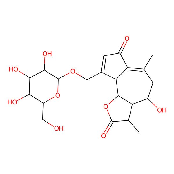 2D Structure of 4-Hydroxy-3,6-dimethyl-9-[[3,4,5-trihydroxy-6-(hydroxymethyl)oxan-2-yl]oxymethyl]-3,3a,4,5,9a,9b-hexahydroazuleno[4,5-b]furan-2,7-dione