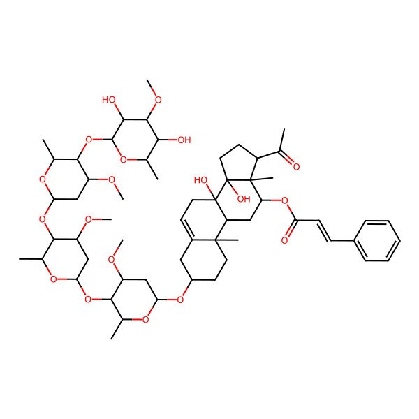 2D Structure of [(3S,8S,9R,10R,12R,13S,14R,17R)-17-acetyl-3-[(2R,4S,5R,6R)-5-[(2S,4S,5R,6R)-5-[(2S,4R,5R,6R)-5-[(2S,3R,4S,5R,6R)-3,5-dihydroxy-4-methoxy-6-methyloxan-2-yl]oxy-4-methoxy-6-methyloxan-2-yl]oxy-4-methoxy-6-methyloxan-2-yl]oxy-4-methoxy-6-methyloxan-2-yl]oxy-8,14-dihydroxy-10,13-dimethyl-2,3,4,7,9,11,12,15,16,17-decahydro-1H-cyclopenta[a]phenanthren-12-yl] (E)-3-phenylprop-2-enoate