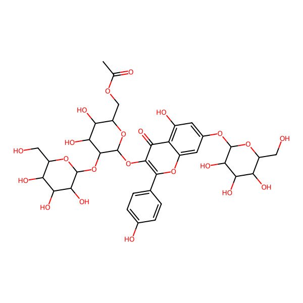 2D Structure of [(2R,3R,4R,5R,6S)-3,4-dihydroxy-6-[5-hydroxy-2-(4-hydroxyphenyl)-4-oxo-7-[(2S,3S,4S,5S,6R)-3,4,5-trihydroxy-6-(hydroxymethyl)oxan-2-yl]oxychromen-3-yl]oxy-5-[(2R,3R,4R,5R,6S)-3,4,5-trihydroxy-6-(hydroxymethyl)oxan-2-yl]oxyoxan-2-yl]methyl acetate